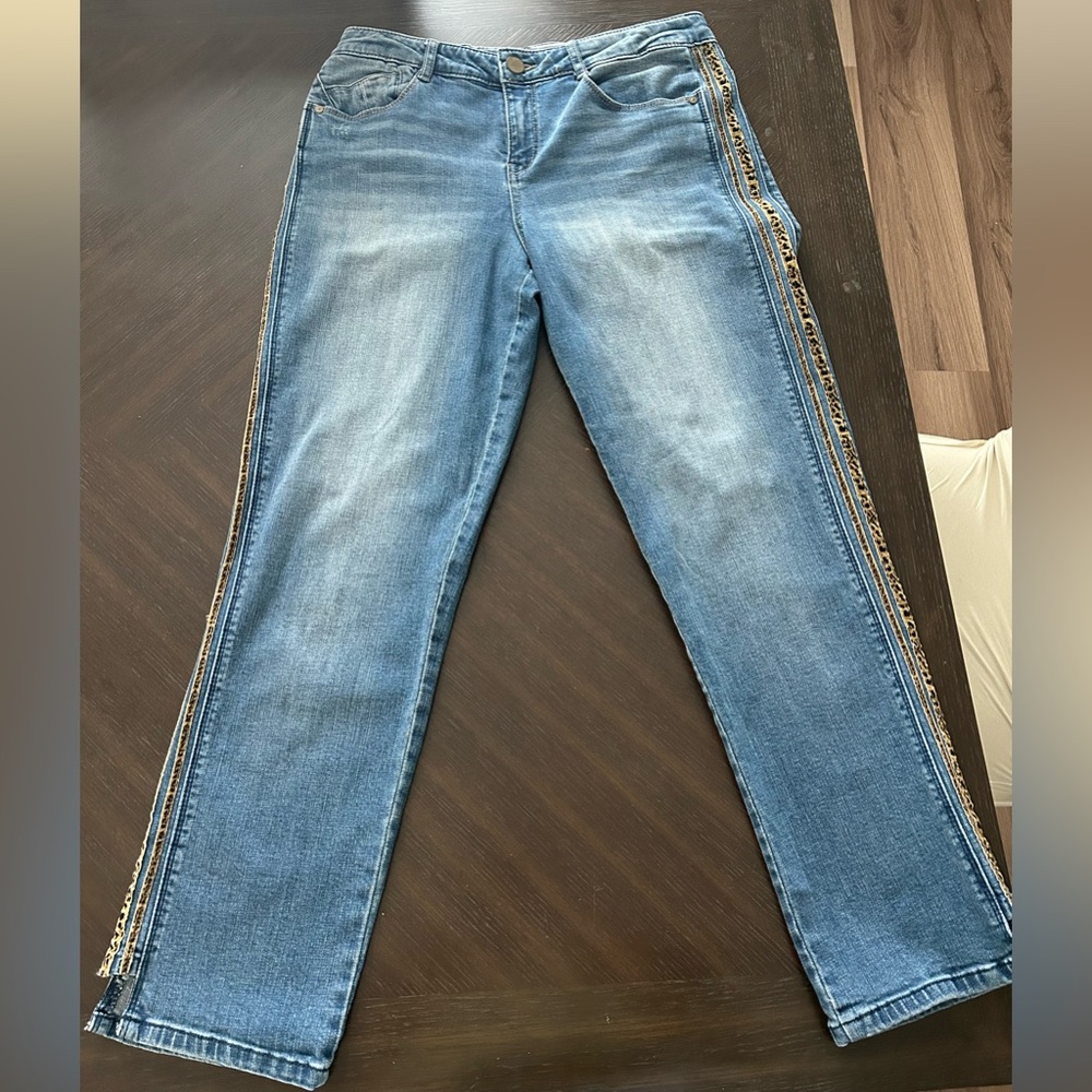 Size 10 Democracy Blue Jeans with Leopard Print Side Stripe